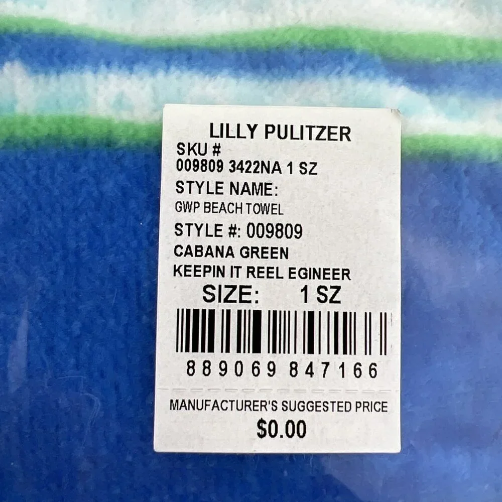 Lilly Pulitzer Beach Towel Keepin It Reel Cabana Green and Blue Brand New